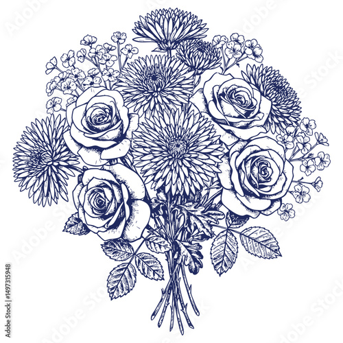 Hand drawn illustration of flower bouquet of chrysanthemums roses, and lilies- Vector, JEPG, PNG