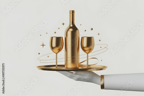 Elegant Gold Wine Bottle and Glasses on a Tray
