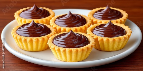 a realistic photo of mini chocolate tartlets with glossy ganache filling