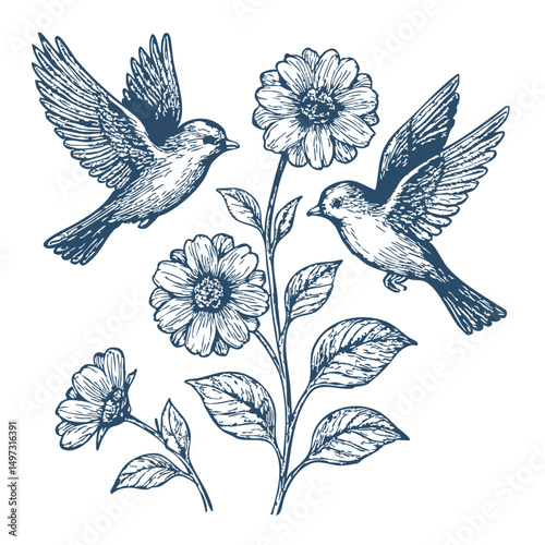 Wallpaper Mural Hand drawn illustration of a birds flying near flowers- Vector, JEPG, PNG Torontodigital.ca