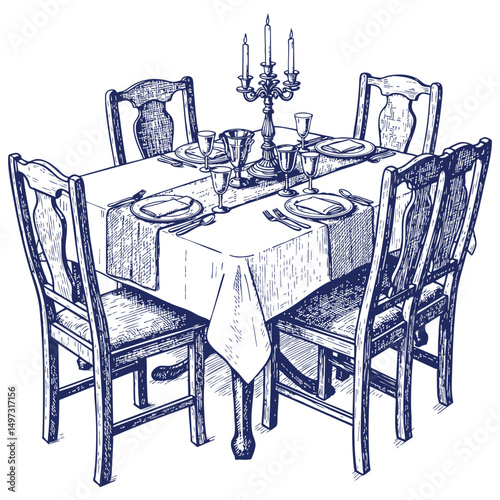Hand drawn illustration of a dinner table setup with table cloth, table runners, chairs, candles with stand, crockery and cutlery- Vector, JEPG, PNG