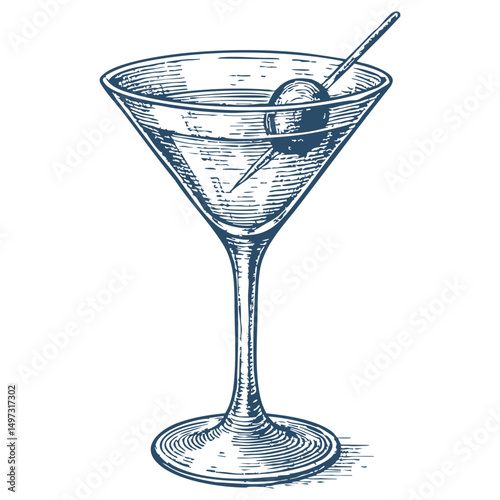 Hand drawn illustration of martini glass with olive- Vector, JEPG, PNG