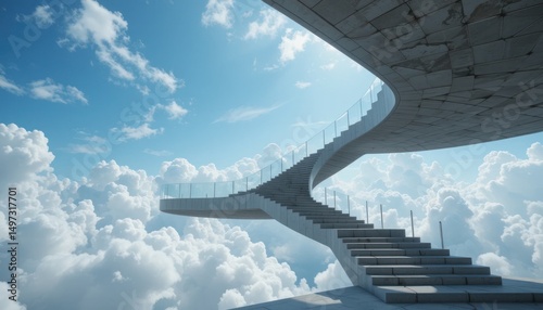 A stairway to the sky offers an aerial view above the clouds, like an airplane's high flight in the blue horizon