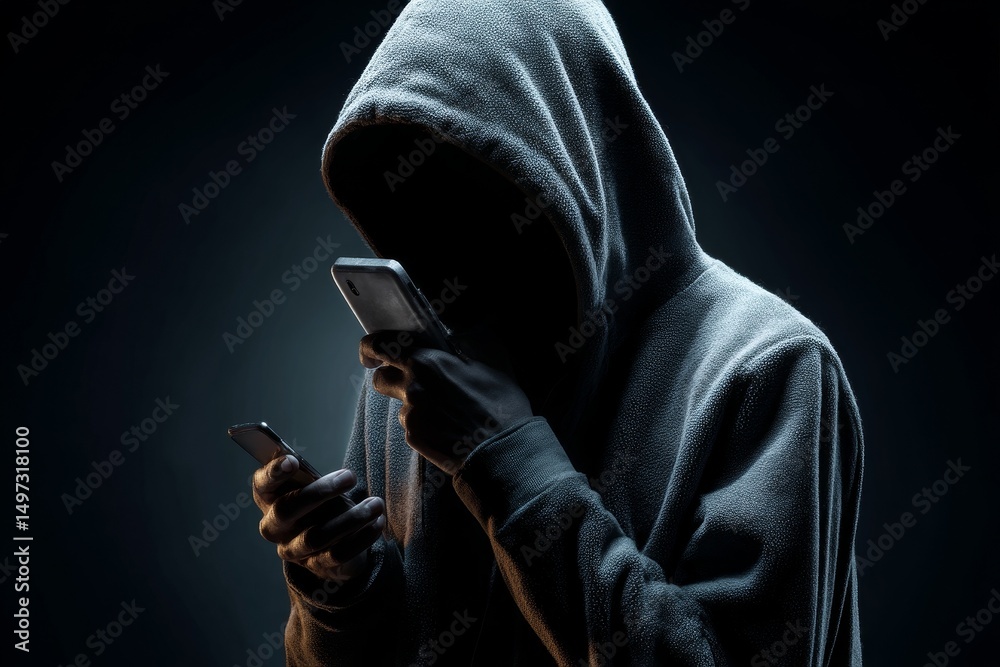 custom made wallpaper toronto digitalunknown man in hood with phone in his hand on dark background, phone scammer, fraudster