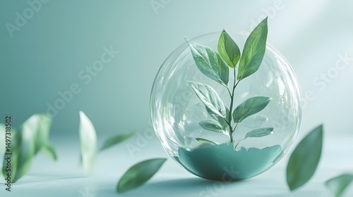 Delicate Green Plant Flourishing Inside Crystal-Clear Water Droplet on Soft Light Background