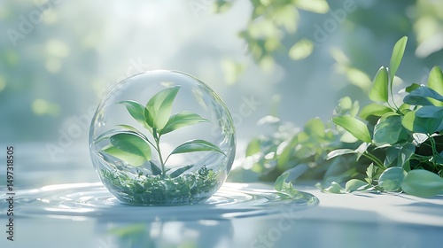 Delicate Green Plant Growing Inside a Crystal-Clear Water Droplet on a Soft Light Background