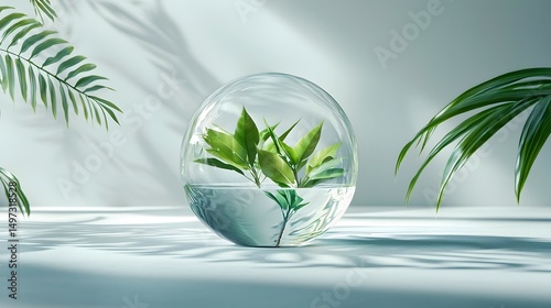 Delicate Green Plant Growing Inside a Transparent Water Droplet on Soft Light Background