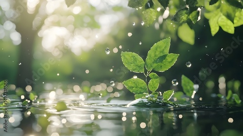 Eco-Friendly Green Plant Droplet Surrounded by Floating Leaves in Natural Setting