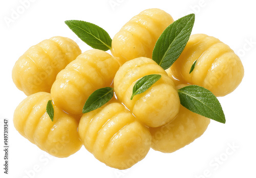 Fresh yellow gnocchi garnished with green basil leaves on transparent background.