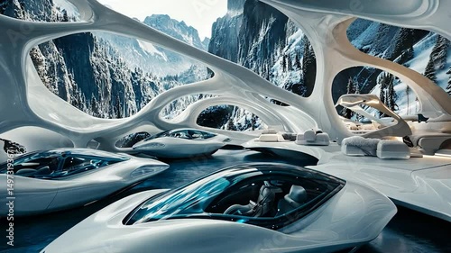 Futuristic vehicles inside an organic architectural structure with mountain views