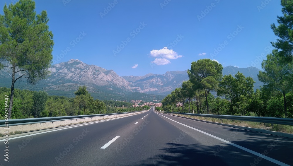 Fototapeta premium a long road leads to the mountains, with green trees on both sides and a blue sky in the background