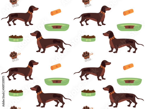 Seamless pattern with dachshunds, dog bed and pet food. Vector illustration for textiles
