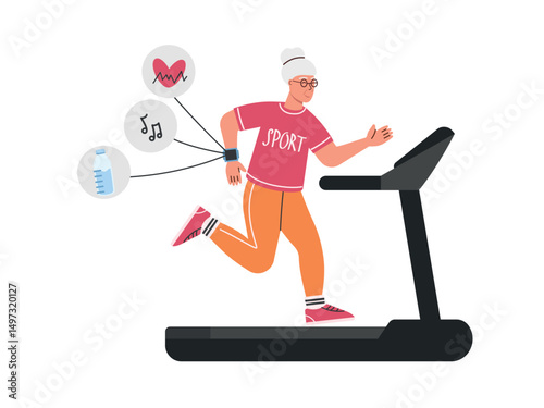 Active elderly woman running on treadmill, using fitness bracelet