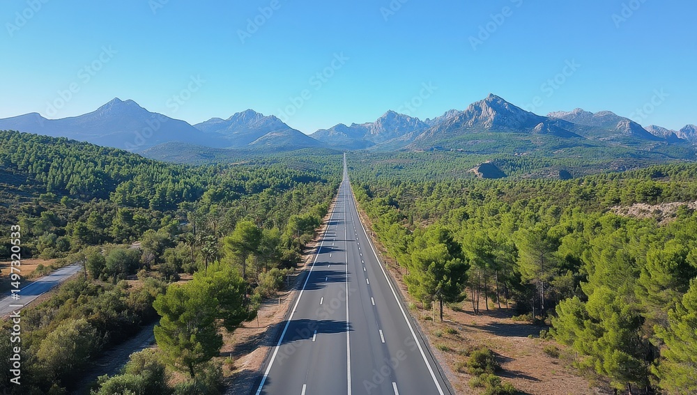 Obraz premium a long highway leading to the mountains, with green trees on both sides, a clear blue sky