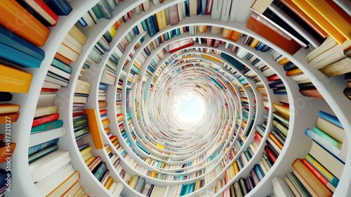 Concentric spiral shelving filled with books.