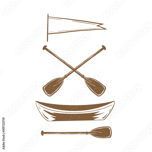 TSet of hand drawn illustrations wooden boat, oars, flag. Set of travel icons. Two boat paddles or canoe oars flat vector icon for nautical apps and websites. Vector illustration
