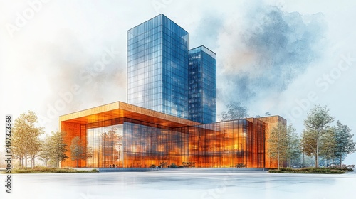 Modern Architectural Design: Twin Towers and Glass Facade Building