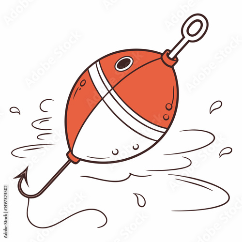 Vector illustration of a cartoon fishing bobber and hook in vibrant orange and white colors set against a white background representing fishing fun.