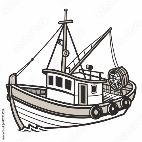 Vector illustration of a detailed fishing boat featuring a classic design and transparent background for versatile design applications
