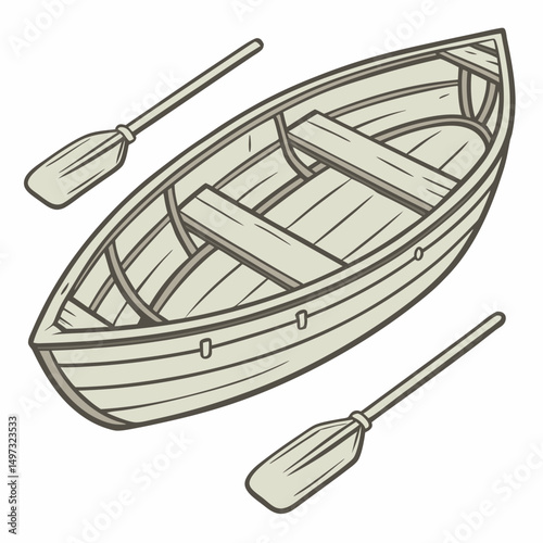 Vector illustration of a detailed hand drawn rowboat design featuring two oars ideal for various design projects