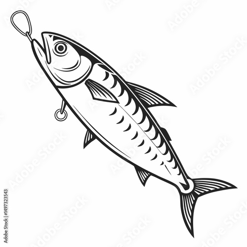 Vector illustration of a fish with fishing hook black and white outline suitable for various design projects due to its transparent background