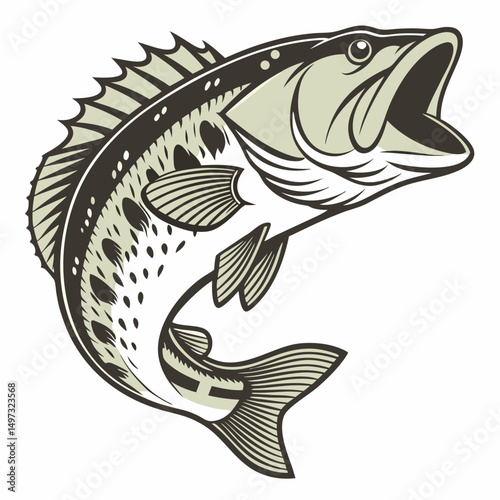 Vector illustration of a jumping bass fish with open mouth ideal for fishing logos and graphic design projects