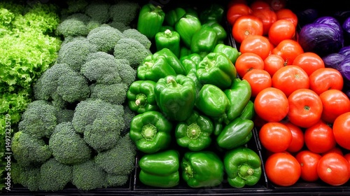 Fresh green bell peppers, tomatoes, and broccoli arranged in a display photo