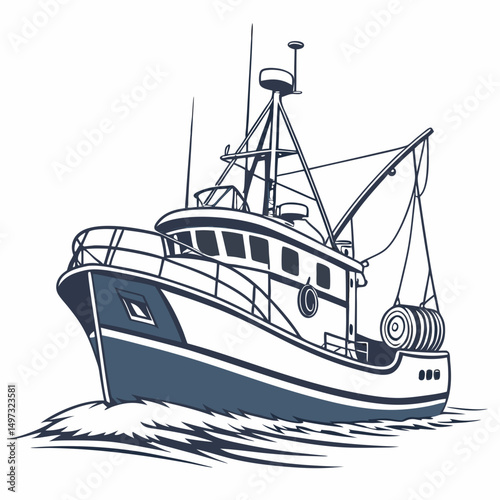 Vector illustration of a fishing trawler sailing the ocean depicting a classic seafaring vessel ready to harvest the seas.