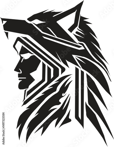 Wolf Headdress Illustration - Tribal Warrior with Wolf Headdress Vector Silhouette Illustration