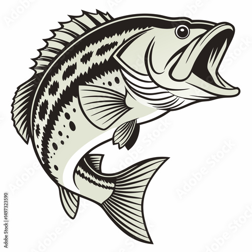 Vector illustration of a jumping largemouth bass fish with open mouth in black and white design suitable for graphic projects