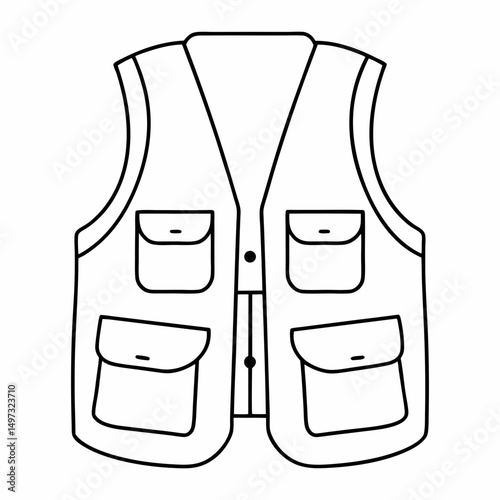 Vector illustration of a simple fishing vest outline design suitable for apparel, logos, and iconography in a clean modern style.