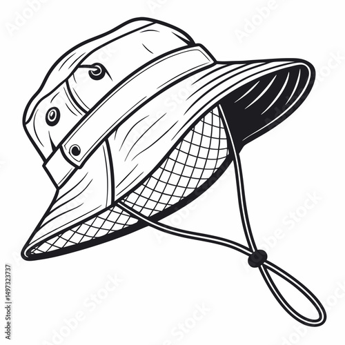 Vector illustration of a stylish bucket hat in black and white outlined design ready for various outdoor adventures