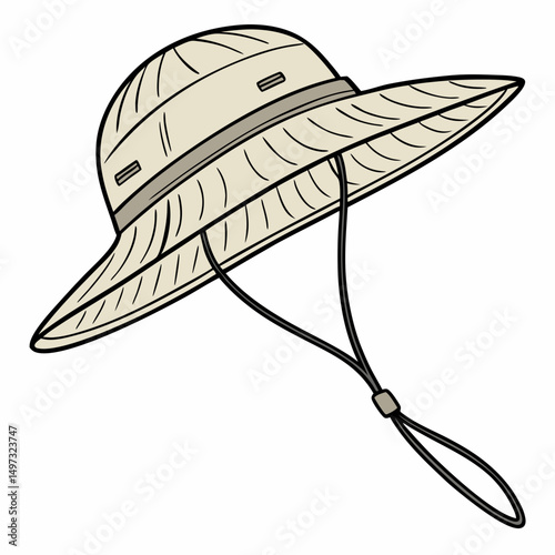 Vector illustration of a tan safari sun hat with black outlines and a chin strap suitable for outdoor activities and adventure on white background