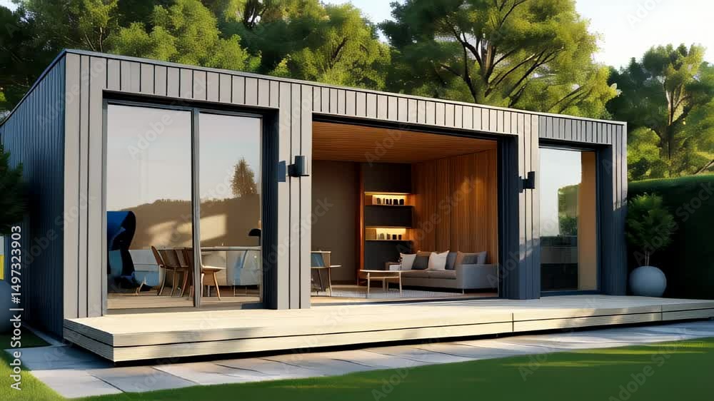Modern container. House exterior. Minimalist architecture. Large windows. Wooden deck. Outdoor furniture. Green trees. Sunny weather. Residential area. Sustainable living. Prefab design. Compact home