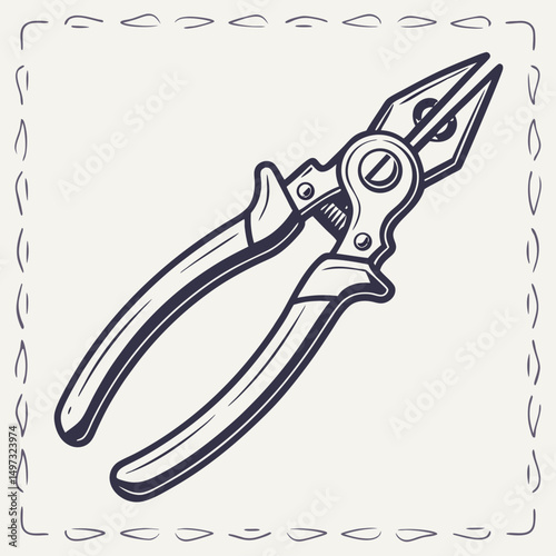 Vintage style illustration of pliers on a white background with decorative border perfect for crafting and diy projects