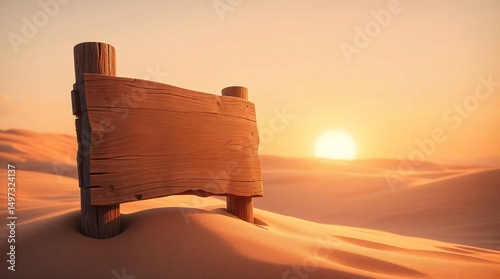 Wooden board sign in the desert landscape with the sunset in the background.