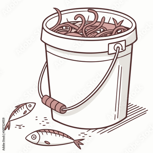 Bucket of fishing bait with cartoon fishes illustration suitable for design projects with transparent background