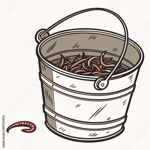 Cartoon illustration of a bucket filled with fishing worms and a single worm isolated on a white background