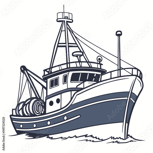 Classic fishing boat illustration in flat design style on a white background offering versatile use for nautical and maritime-themed creative projects