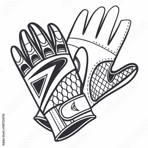 Detailed black and white vector illustration of goalkeeper gloves perfect for sports related design projects with transparency