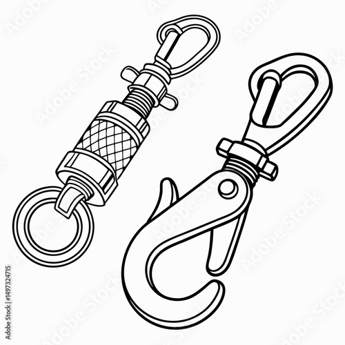 Detailed black and white vector illustration of two metal swivel snap hook designs suitable for various purposes
