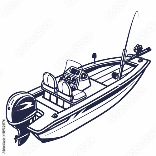 Detailed illustration of a fishing boat showing elements of a motor fishing boat for water sports and leisure activities