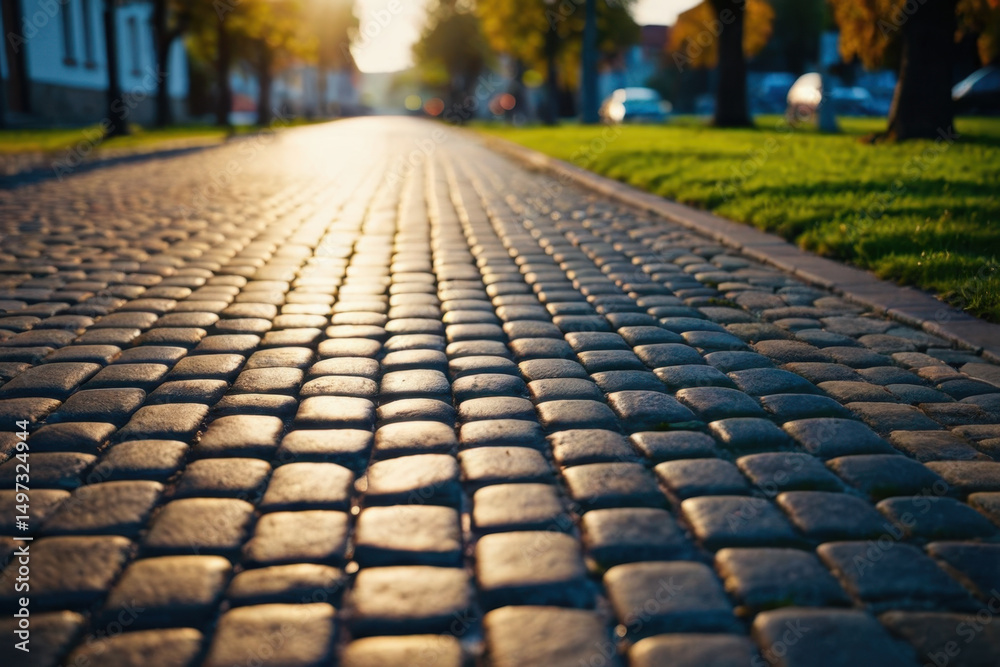 Fototapeta premium A classic cobblestone road surrounded by greenery in a peaceful park setting