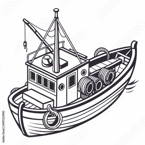 Detailed vector illustration of a fishing boat with transparency perfect for nautical theme projects and coastal designs