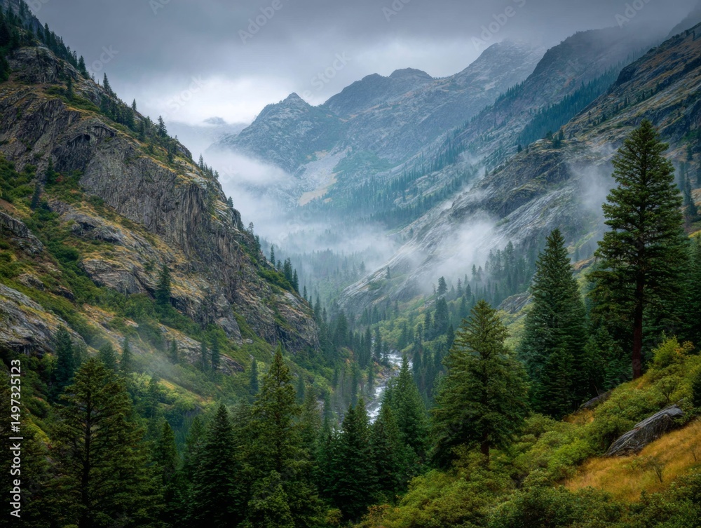 Fototapeta premium Misty Mountain Valley Landscape with Lush Greenery