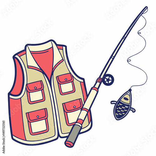 Fishing gear illustration featuring angler's vest and fishing rod isolated on a white background