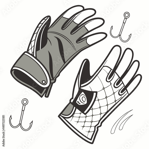 Fishing gloves and hooks vector illustration with transparency perfect for outdoor sport related graphic designs