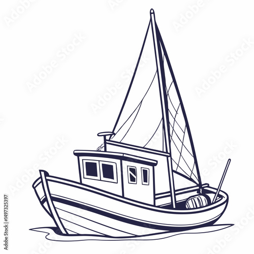 Hand drawn outline illustration of a sailboat with triangular sail and detailed boat structure on a white background transparency