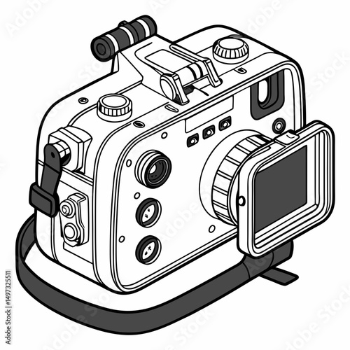 Illustrated isometric view of a professional video camera showing technical details suitable for creative projects