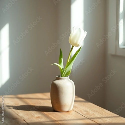 Tulip in a vase by the window in a minimalist interior